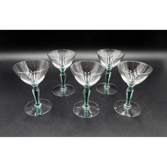 Vintage Morgantown Fischer Green Filament Stem 3 oz Cordial Glasses Lot of 5 - Picture 4 of 8